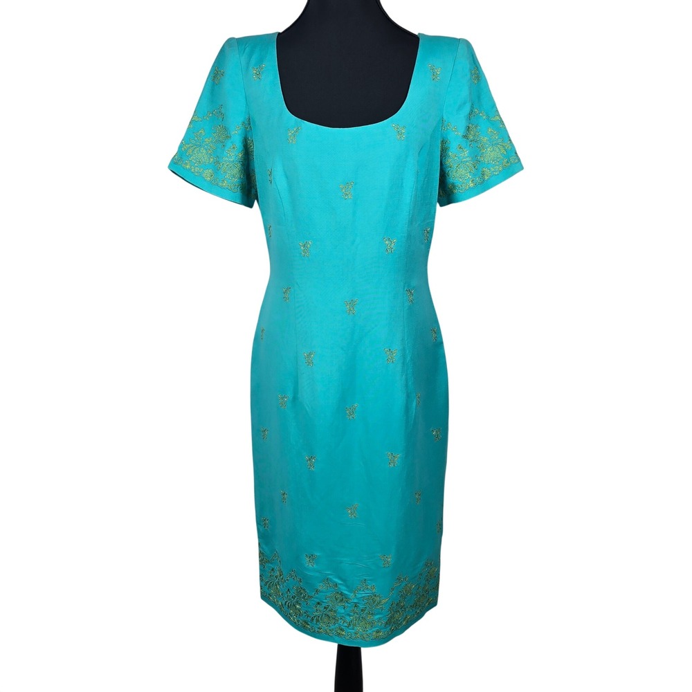 Donna Morgan Vintage Sheath Dress Woman Size 6 Turquoise Linen Blend Embroidered